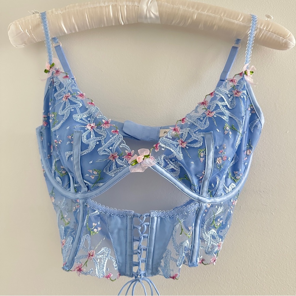 For Love And Lemons Blue Floral Embroidered Crop Top